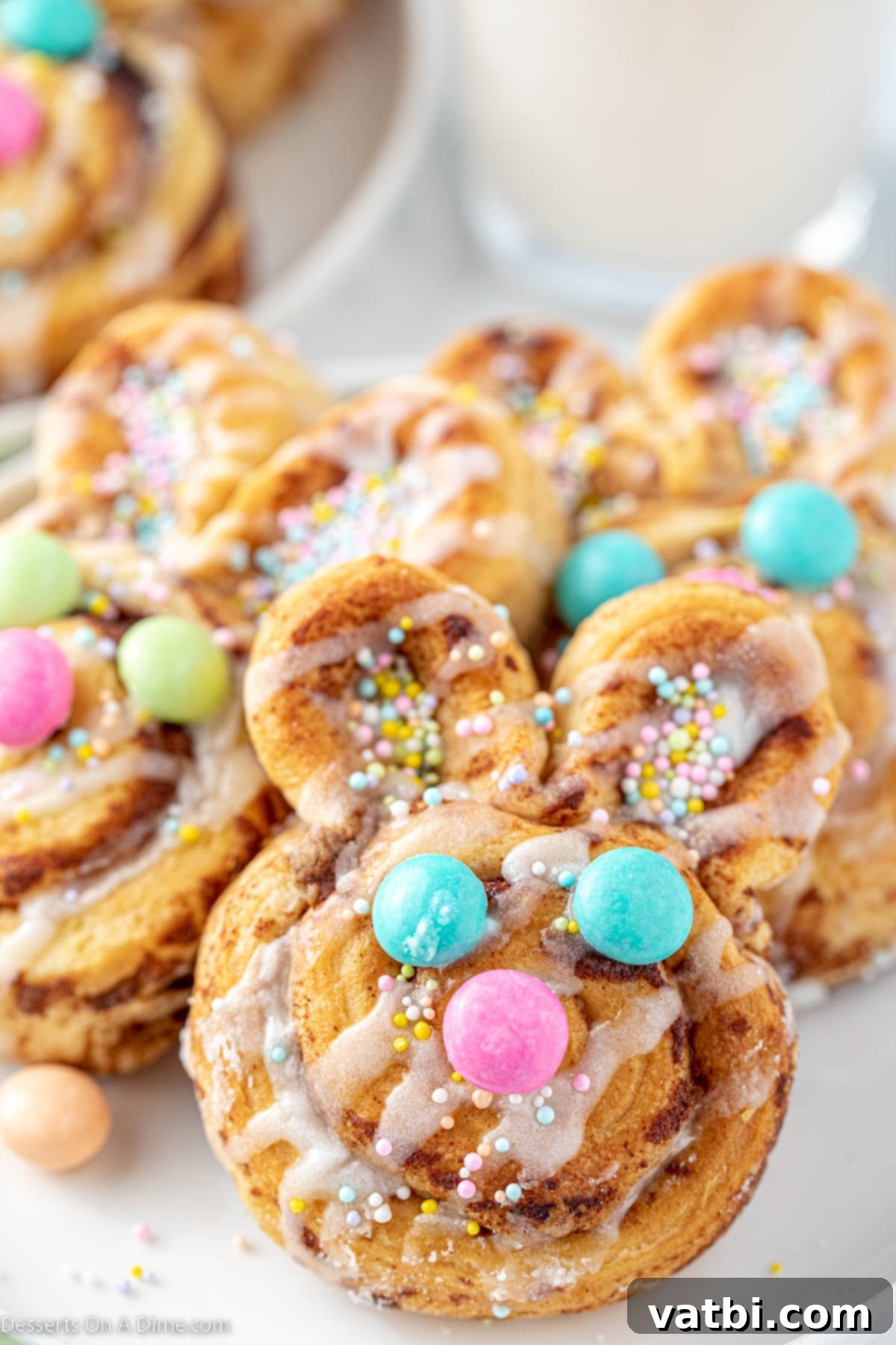 Hoppy Swirls 2 A festive platter of golden brown Easter Bunny Cinnamon Rolls, each decorated with pastel icing, sprinkles, and candy eyes and noses, ready for an Easter celebration.