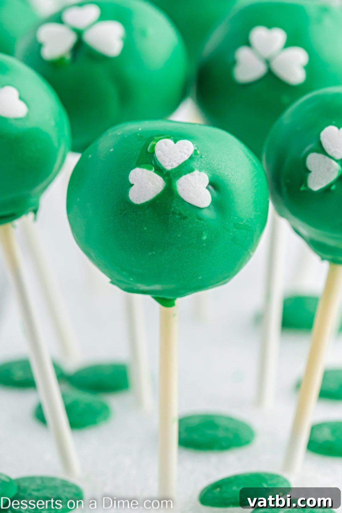 St. Patrick's Day Cake Pops 2 St Patrick's Day Cake Pops in a Styrofoam block.