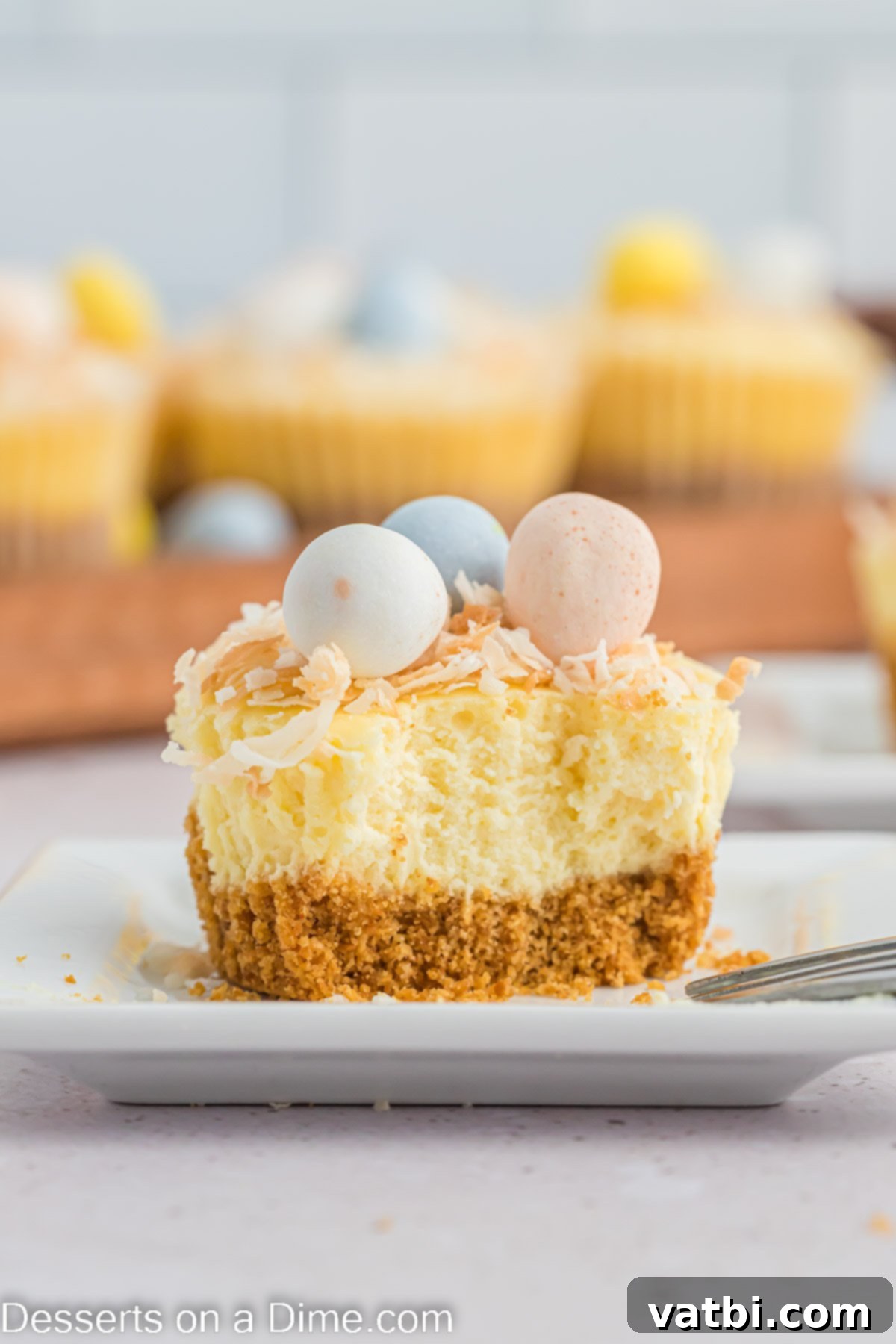 Easter Cheesecake Bites 2 Easter Mini Cheesecakes on a platter