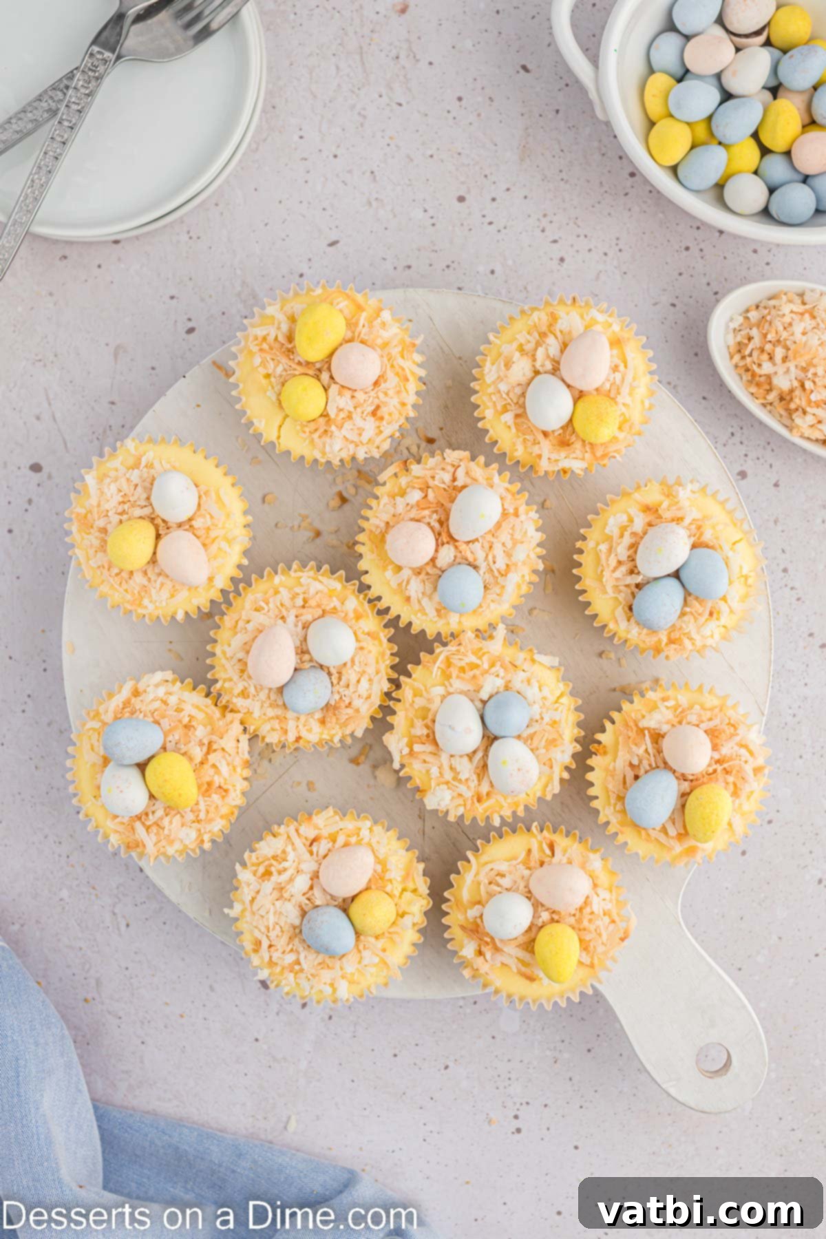 Easter Cheesecake Bites 10 Cheesecakes on platter.