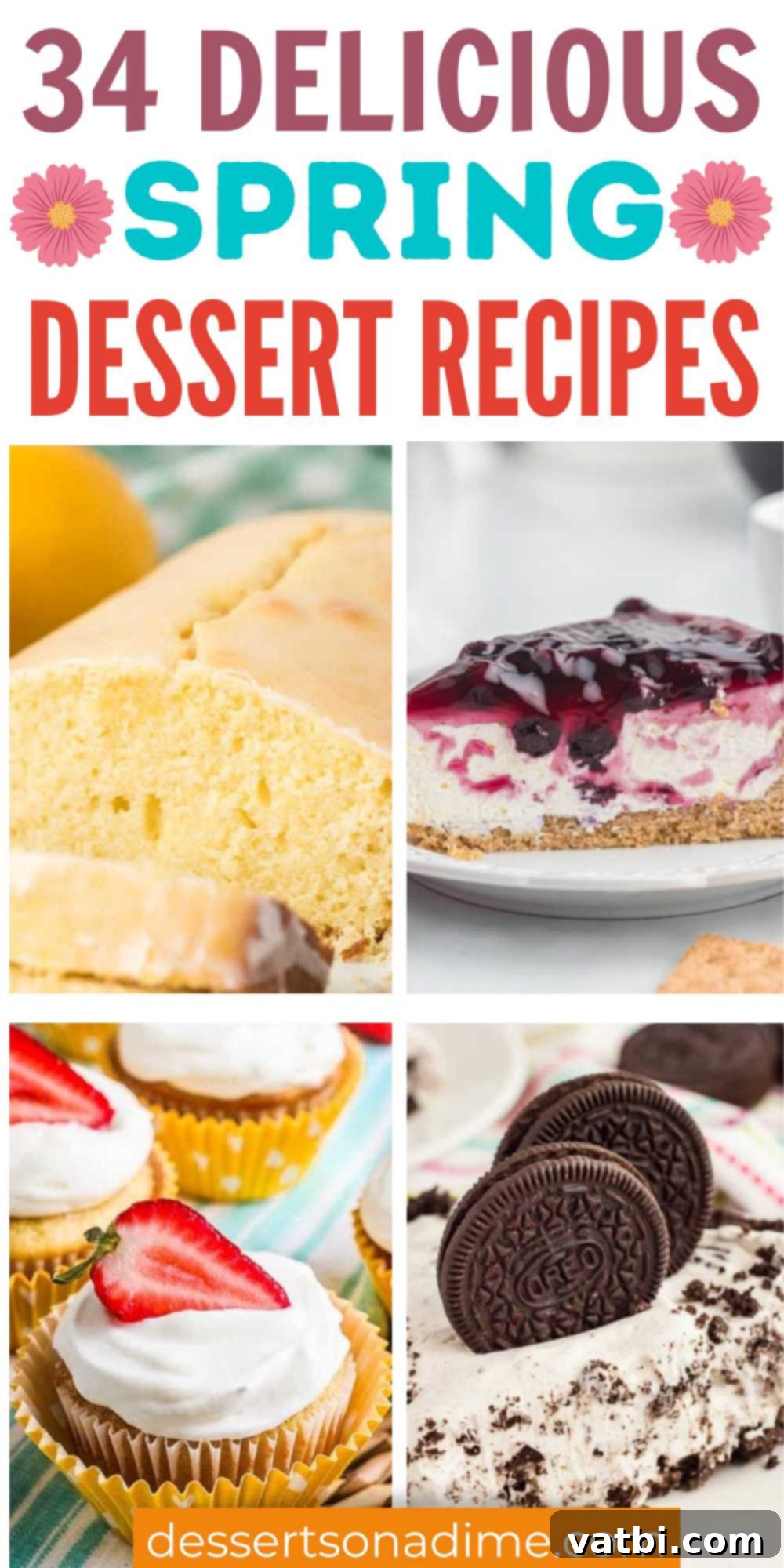 34 Irresistible Spring Desserts 3 A diverse assortment of the best spring desserts, showcasing cakes, ice cream, and lemon bars, perfect for any spring festivity including Easter and Mother's Day.