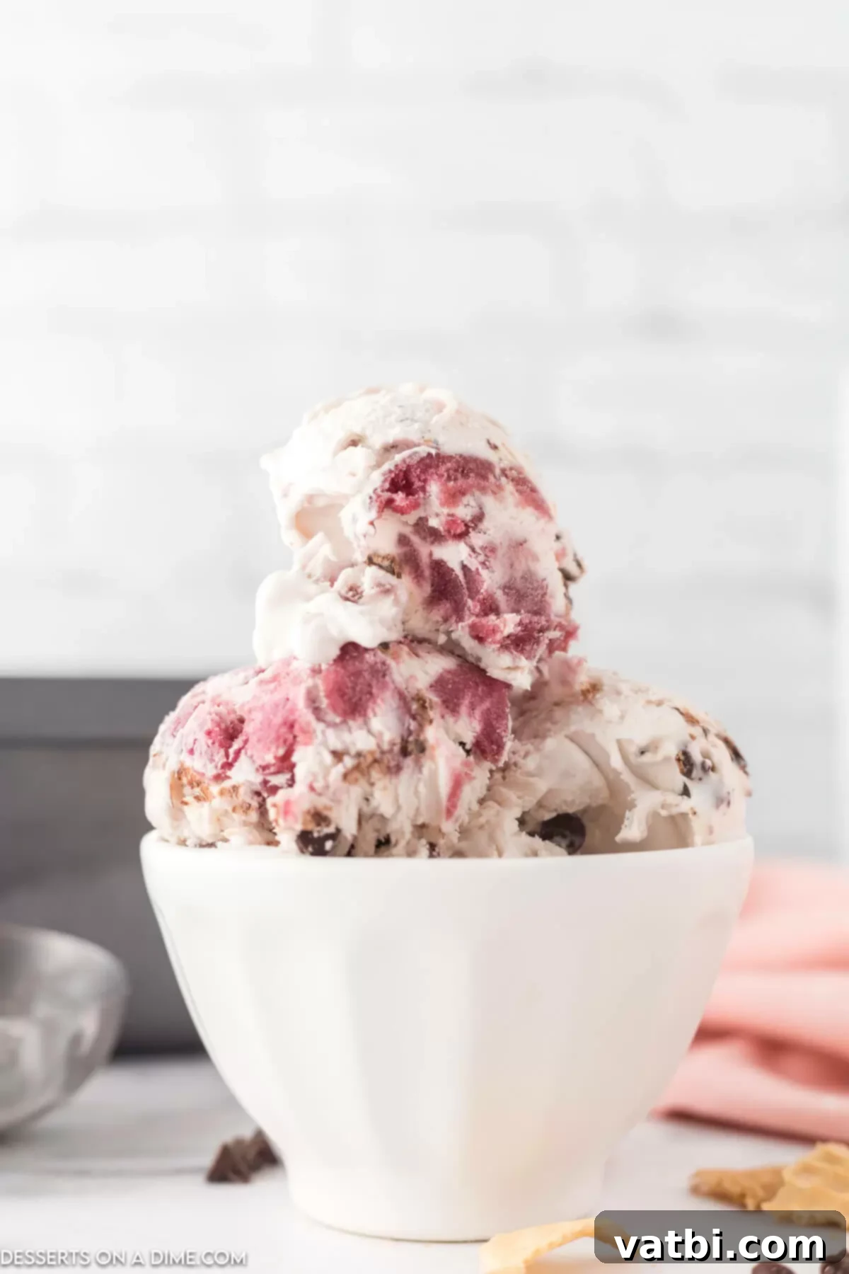 Cherry Chocolate Chip Ice Cream 2 A bowl of creamy cherry chocolate chip ice cream, garnished with fresh cherries and chocolate shavings.