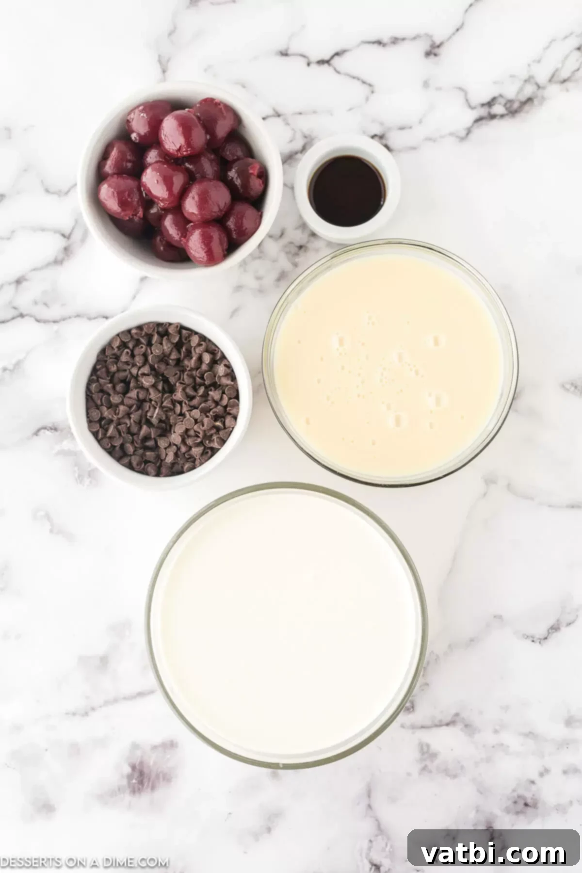 Cherry Chocolate Chip Ice Cream 3 Key ingredients for Cherry chocolate chip ice cream: heavy whipping cream, canned dark red cherries, sweetened condensed milk, and mini chocolate chips.