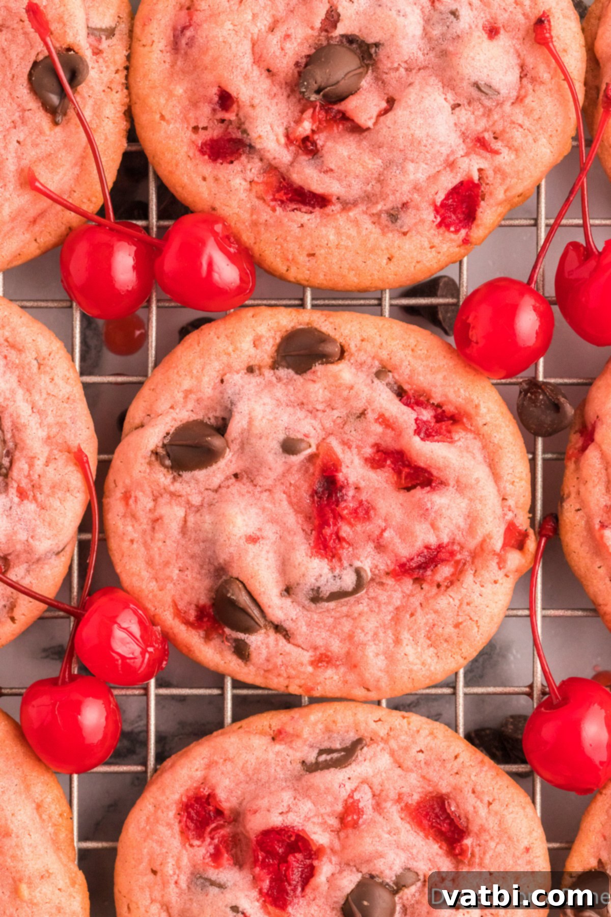 Cherry Chocolate Chip Cookies on a cooling rack, showcasing their pink color and chocolate chips.