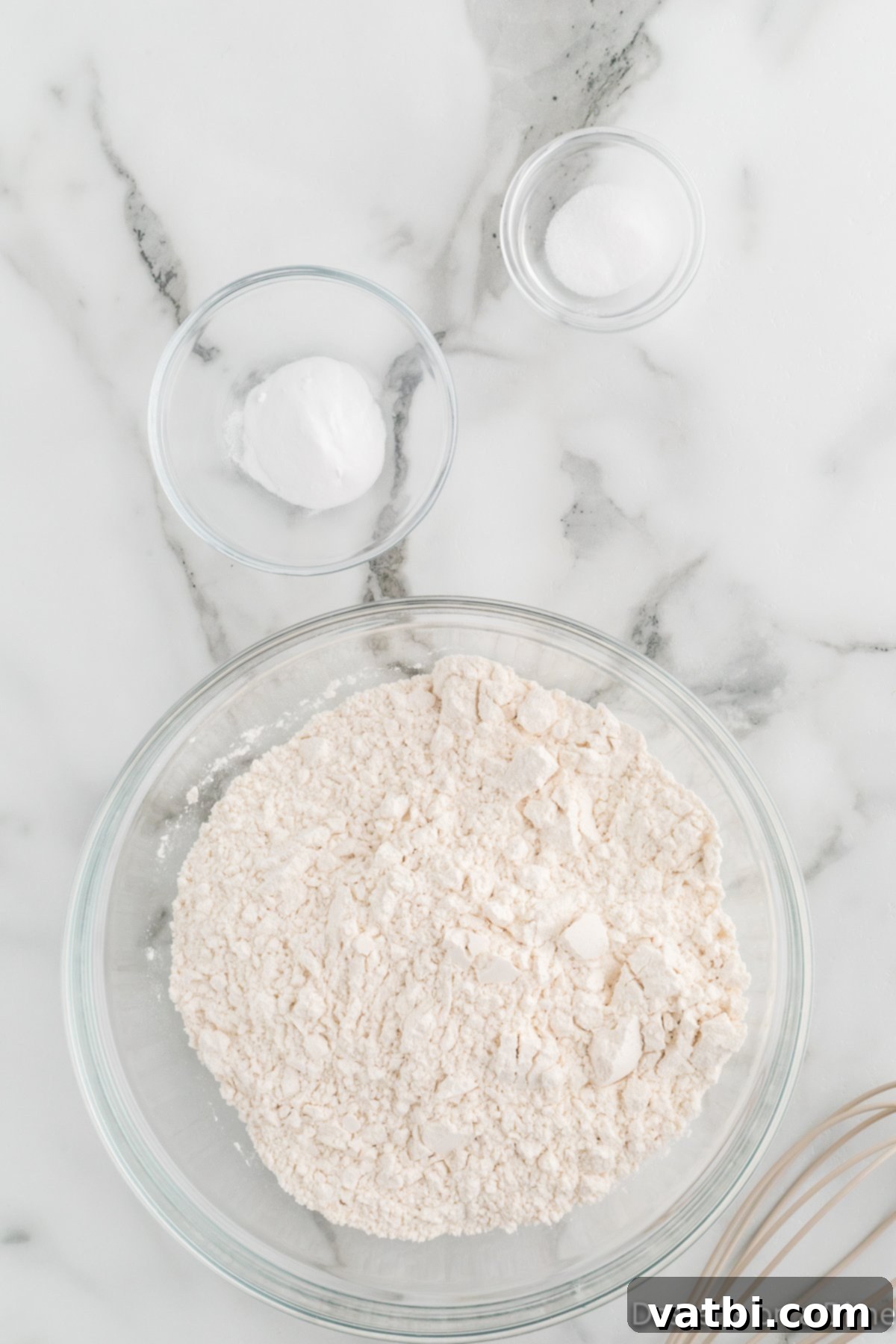 Dry ingredients combined in a mixing bowl. 