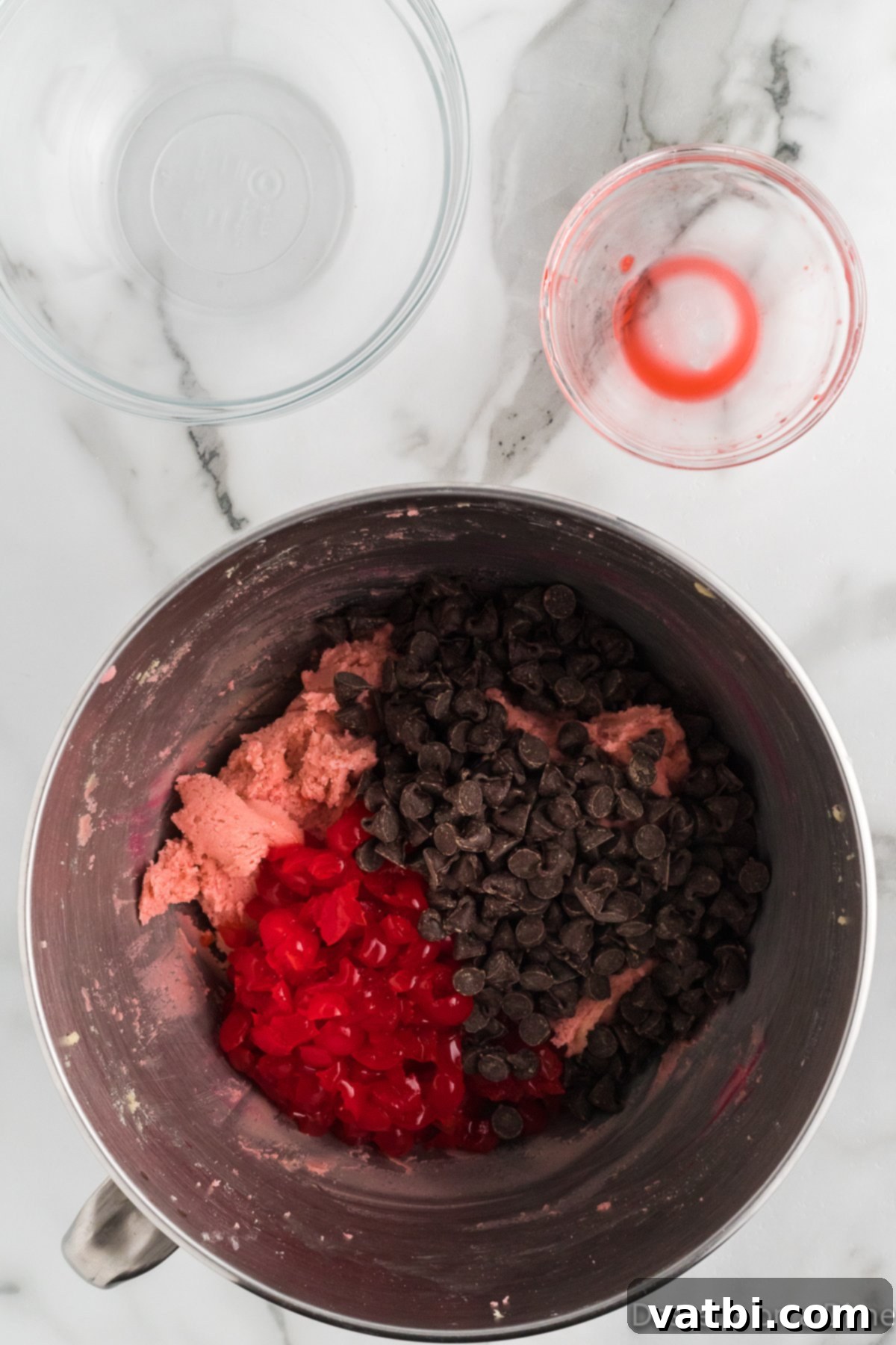 Cherries and chocolate folded into cookie dough. 