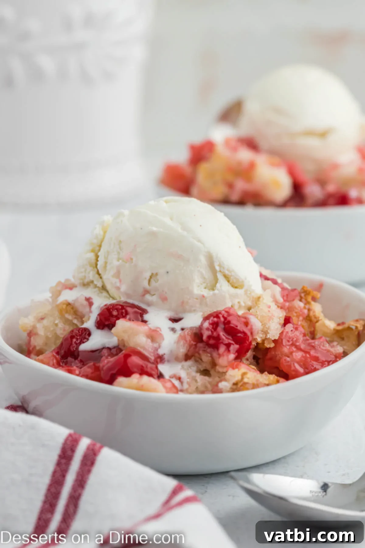 Homemade Cherry Cobbler Bliss 10 Cherry cobbler in a bowl with ice cream.