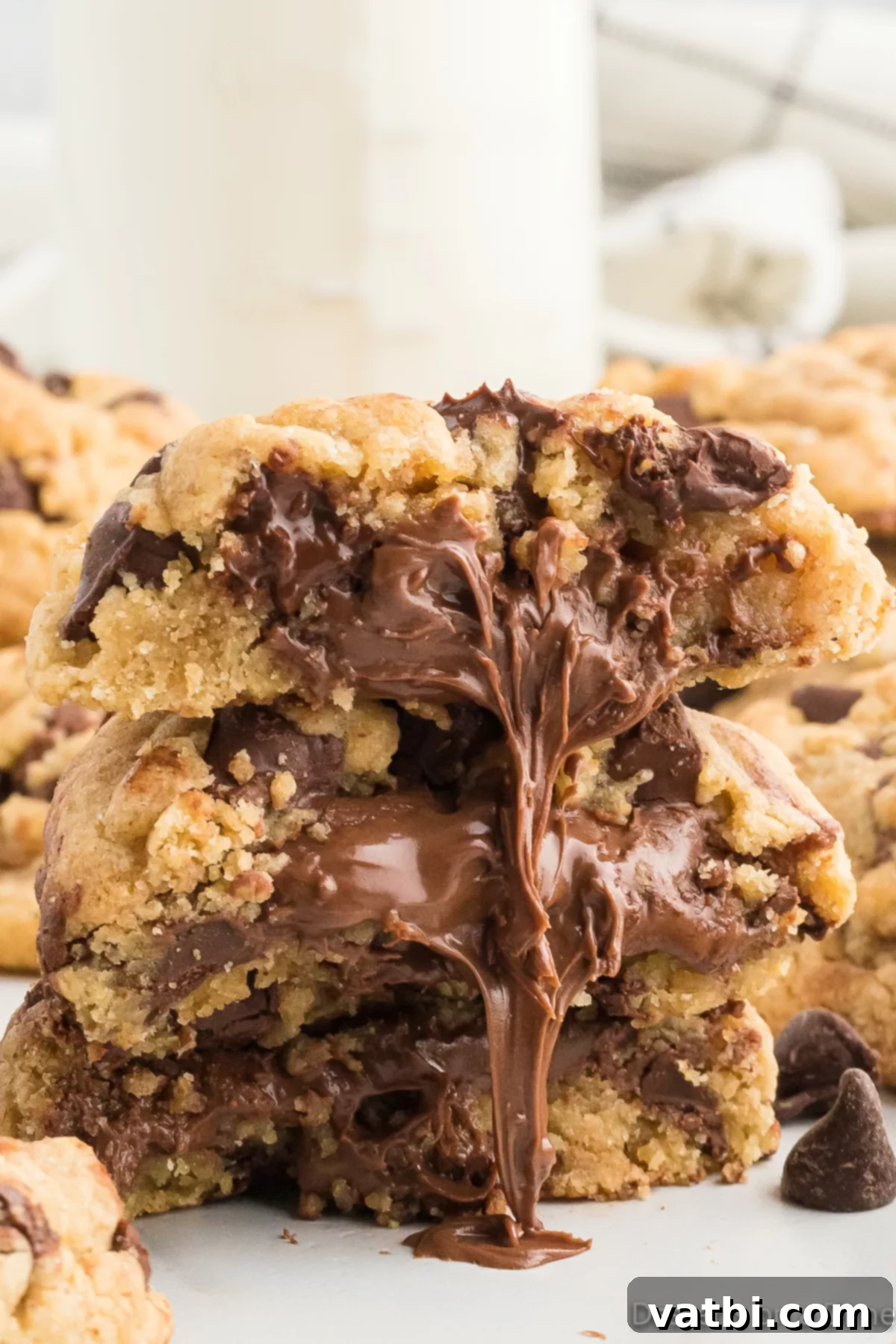 Decadent Nutella Stuffed Cookies 2 Nutella stuffed cookies with molten Nutella oozing out, showcasing the rich, gooey center.