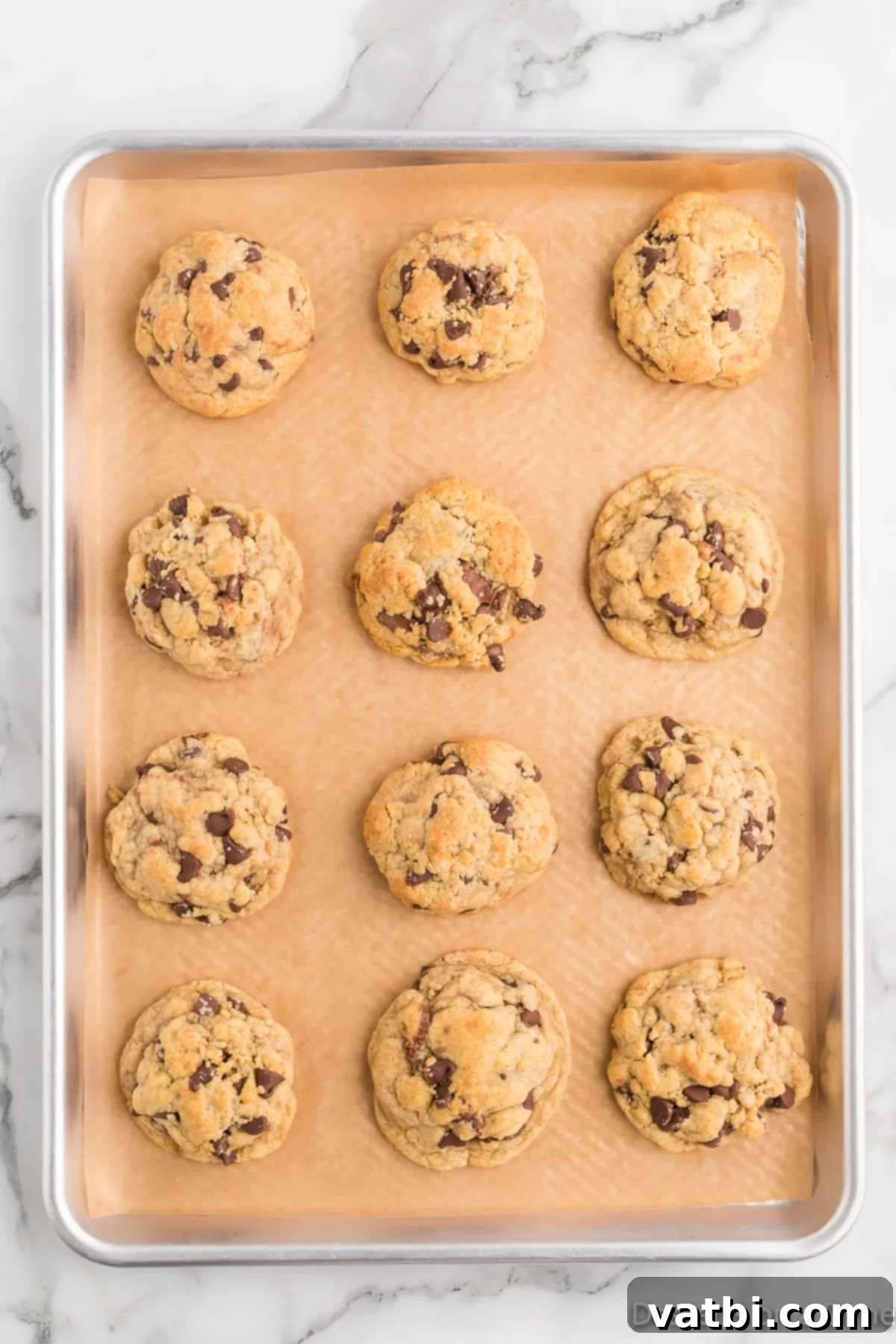 Decadent Nutella Stuffed Cookies 14 Freshly baked Nutella stuffed cookies, golden brown and still warm, on a lined baking sheet.