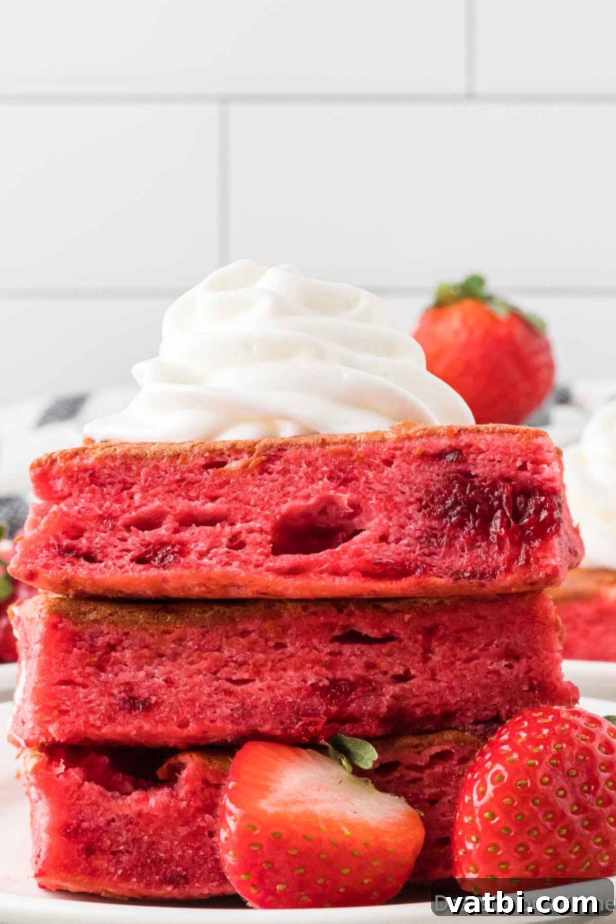 Strawberry Cloud Delight 2 Slices of fluffy Strawberry Angel Food Cake stacked together, garnished with fresh strawberries and whipped cream.