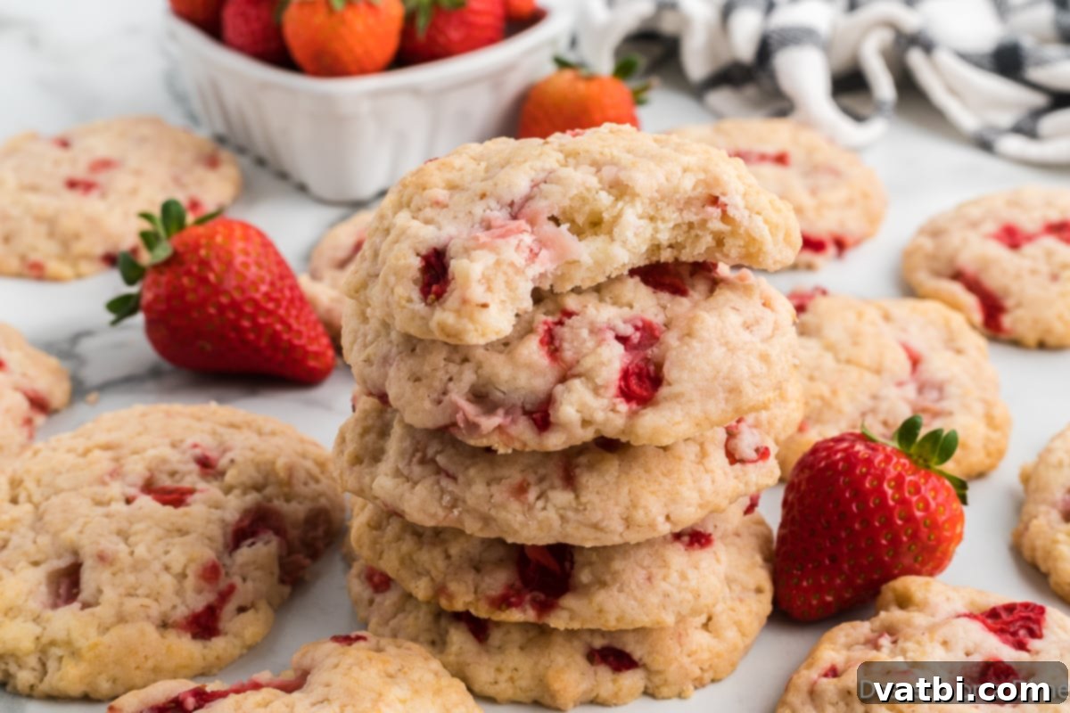 Strawberry Shortcake Cookies stacked together. 