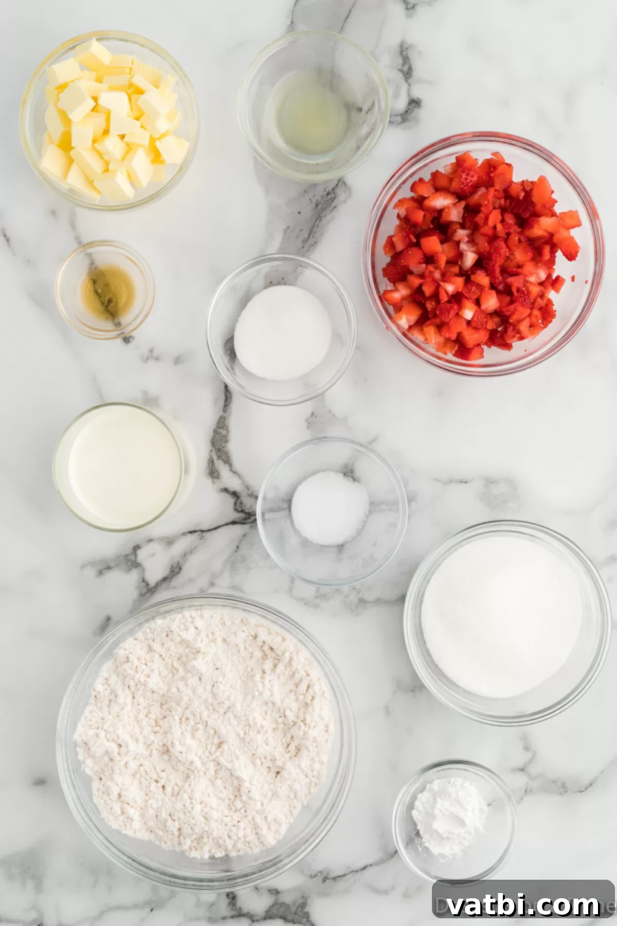 Ingredients needed - strawberries, sugar, lemon juice, flour, baking powder, salt, butter, vanilla, heavy cream