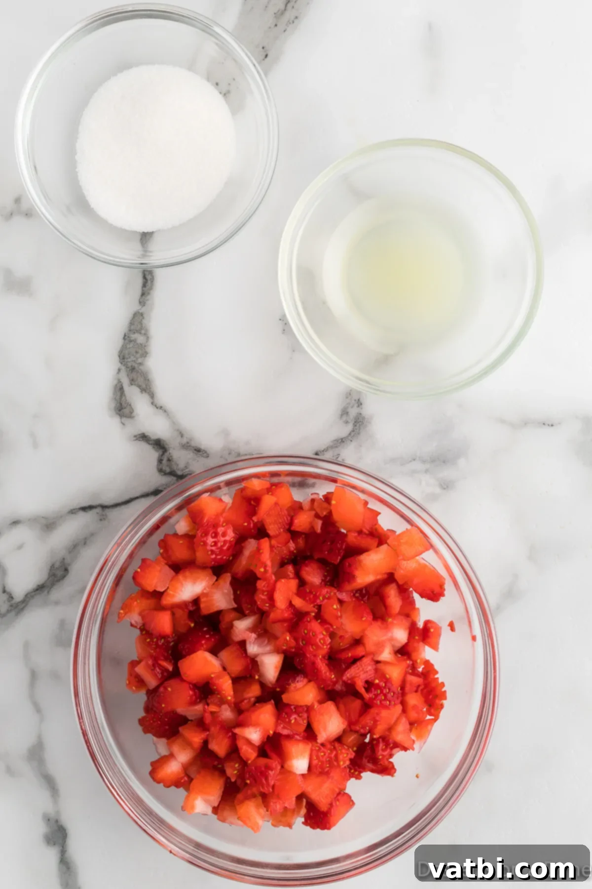 Bowl of strawberries and sugar. 