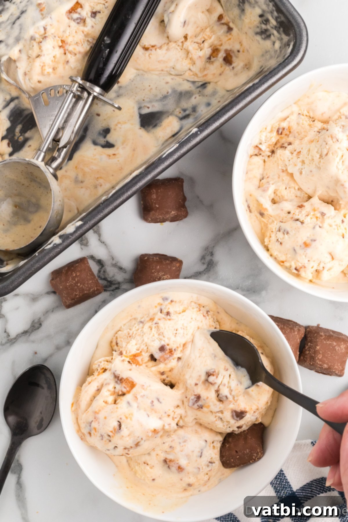 Crunchy Homemade Butterfinger Ice Cream 9 Ice Cream in bowls.