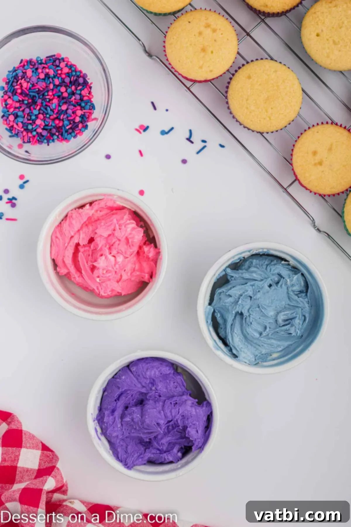 Magical Unicorn Cupcakes 7 Buttercream frosting divided into three bowls, ready for coloring.