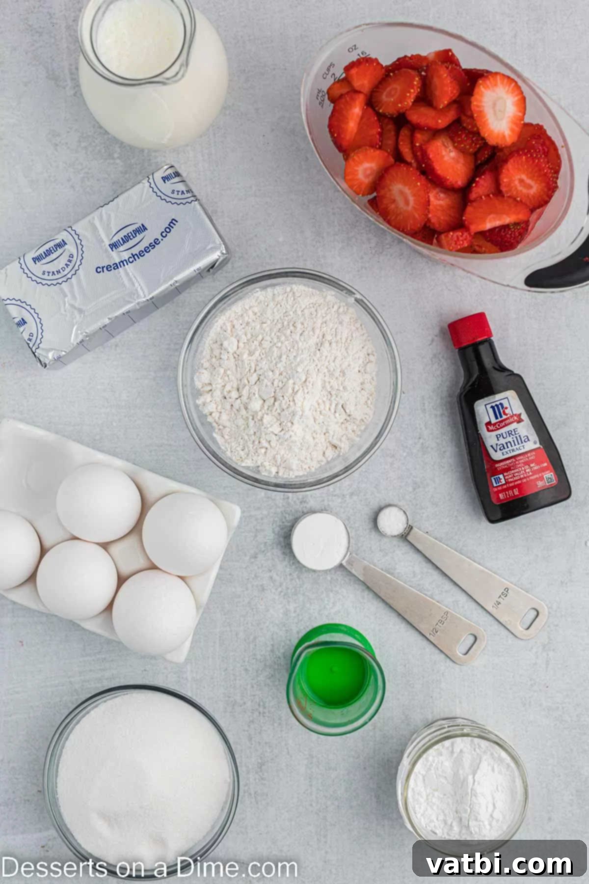 Strawberry Shortcake Swiss Roll 3 Ingredients - flour, eggs, baking powder, salt, vanilla, sugar, oil, powdered sugar, cream cheese, heavy whipping cream, strawberries
