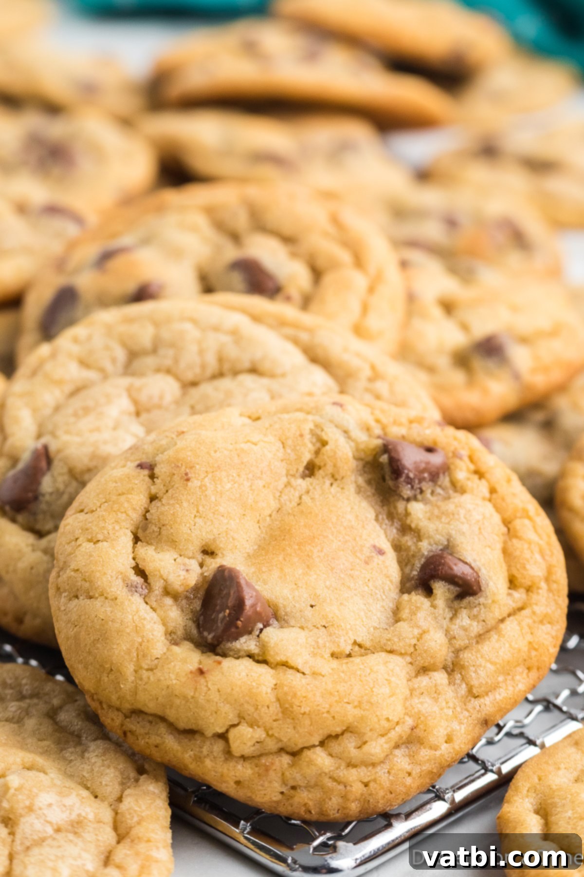 Mrs. Fields' Legendary Chocolate Chip Cookies 2 A stack of perfectly baked Mrs. Fields style chocolate chip cookies on a cooling rack, showcasing their soft centers and crispy edges.