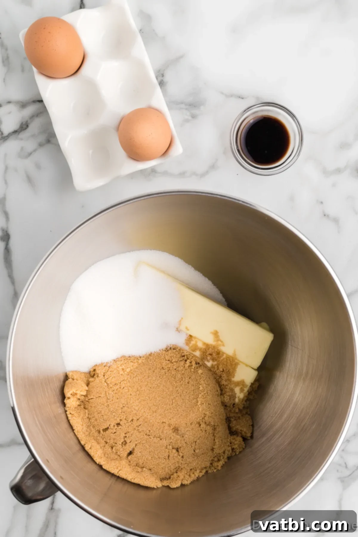 Mrs. Fields' Legendary Chocolate Chip Cookies 4 A mixing bowl containing a light yellow, creamy mixture of butter, sugars, and eggs, illustrating the creaming process.