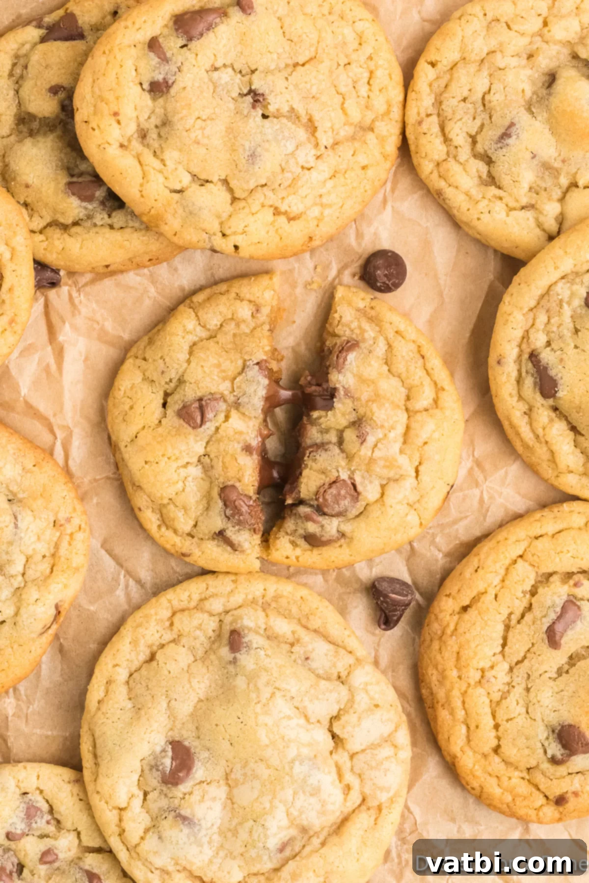 Mrs. Fields' Legendary Chocolate Chip Cookies 10 Freshly baked chocolate chip cookies with melted chocolate, arranged on parchment paper.