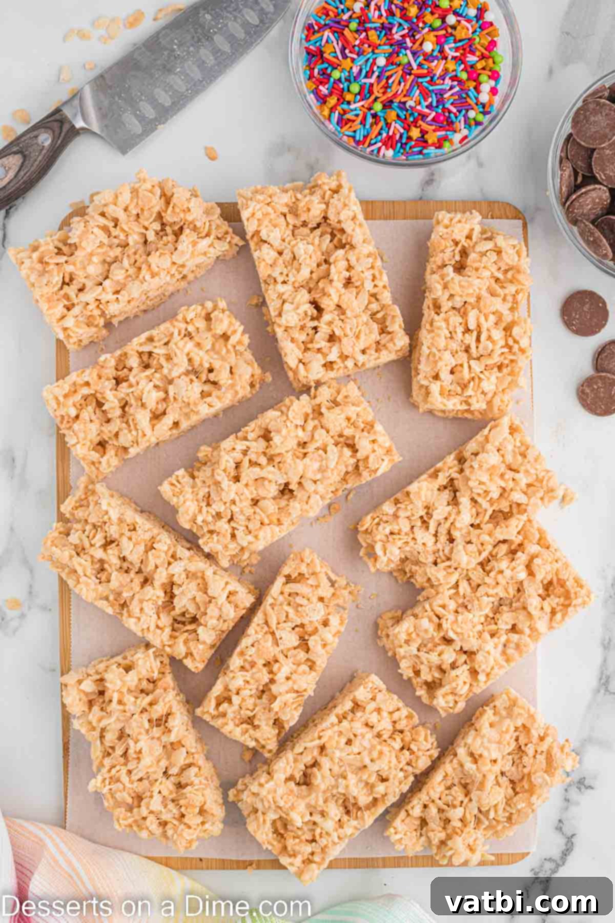 No-Bake Chocolate Crispy Treats 6 Cereal mixture cut into bars.