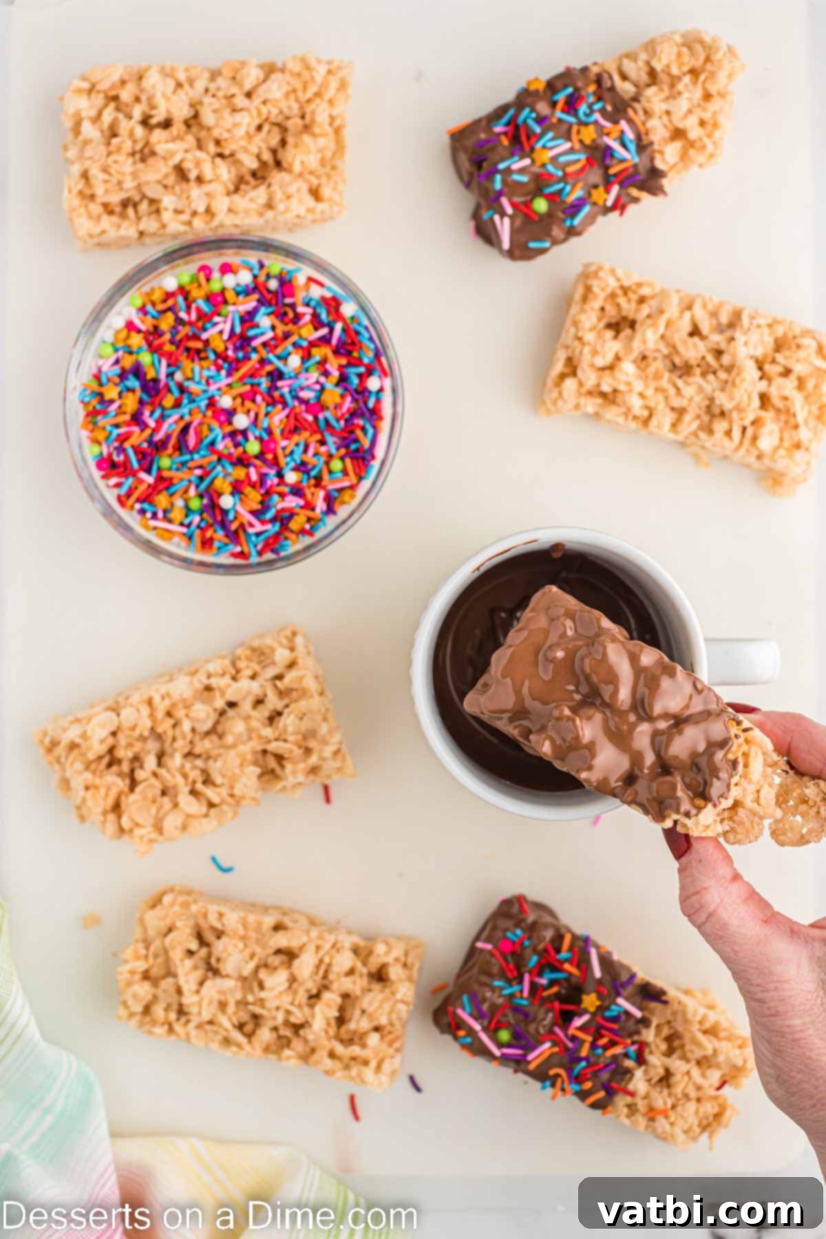 No-Bake Chocolate Crispy Treats 7 Bars dipped into chocolate and topped with sprinkles.