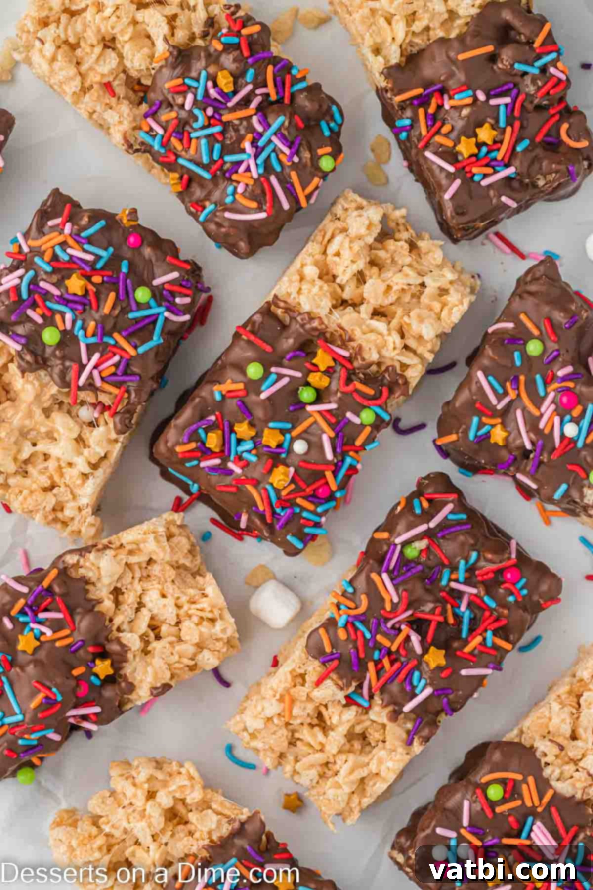 No-Bake Chocolate Crispy Treats 8 Chocolate dipped rice krispie treats ready to serve.