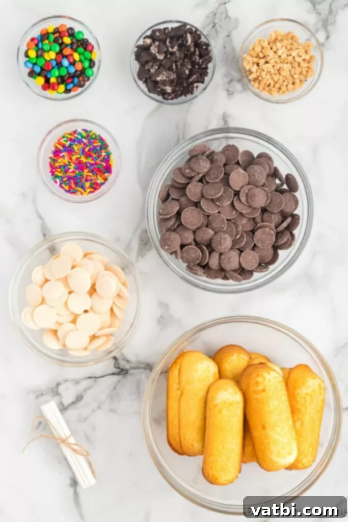 Irresistible Chocolate Glazed Twinkies 3 Ingredients - twinkies, chocolate wafers, white chocolate melting wafers, lollipop sticks, toppings
