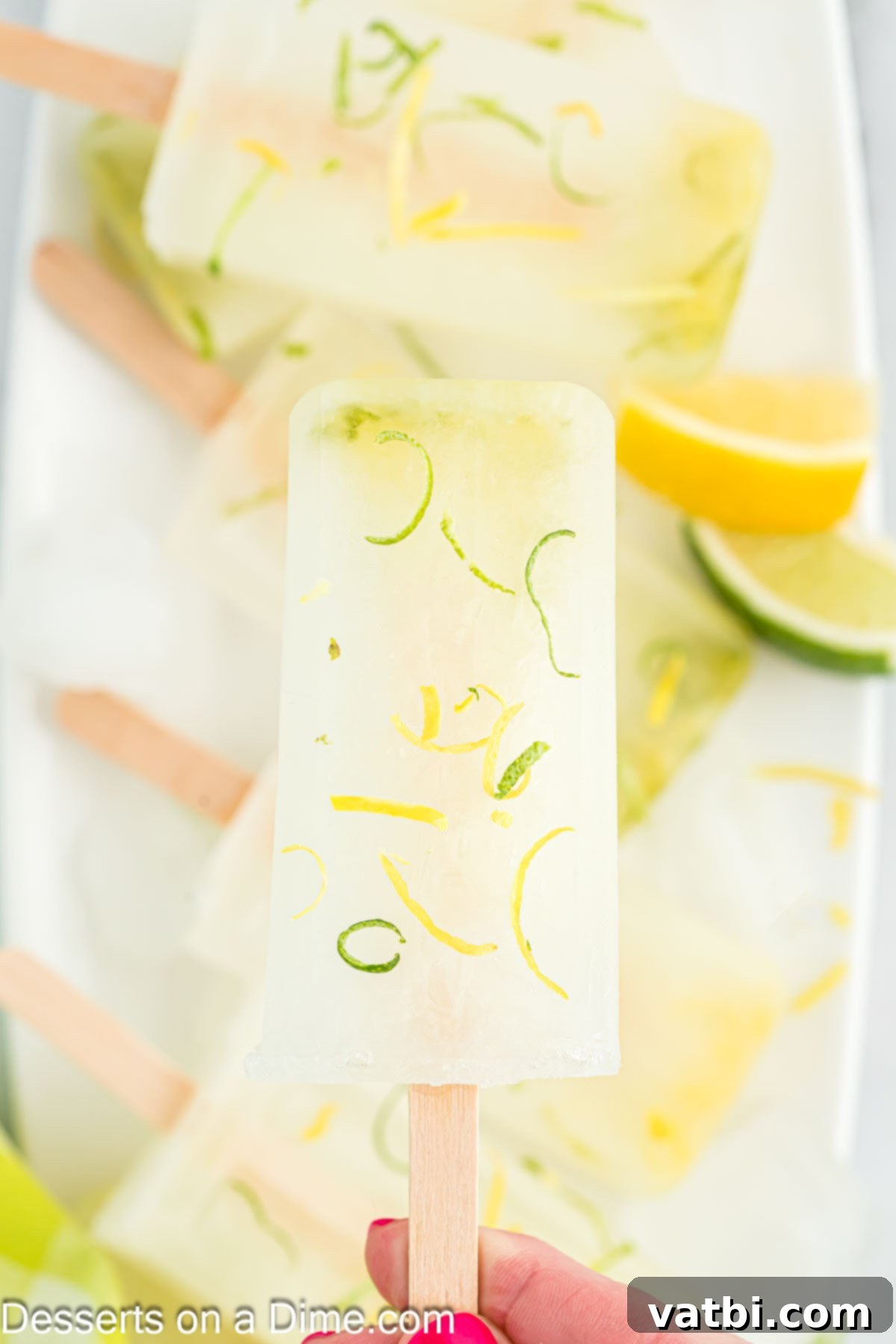 Sunshine Citrus Pops 2 Bright green and yellow lemon lime popsicle ready to be enjoyed on a hot day, with fresh citrus in the background.