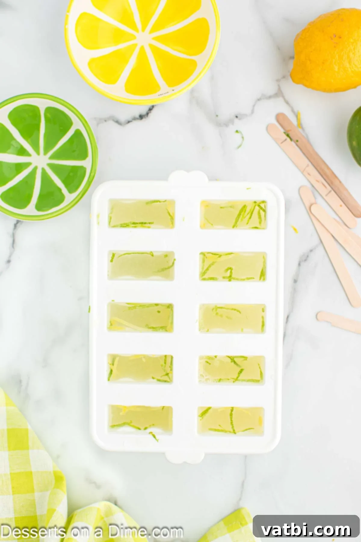 Sunshine Citrus Pops 6 Lemon lime popsicle mixture being carefully poured into individual popsicle molds with sticks.