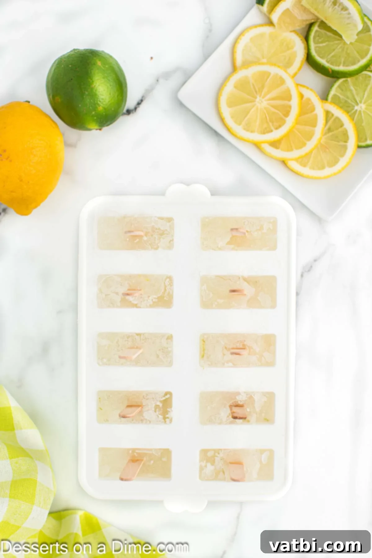 Sunshine Citrus Pops 7 Fully frozen lemon lime popsicles in their molds, ready to be removed and enjoyed as a cool treat.