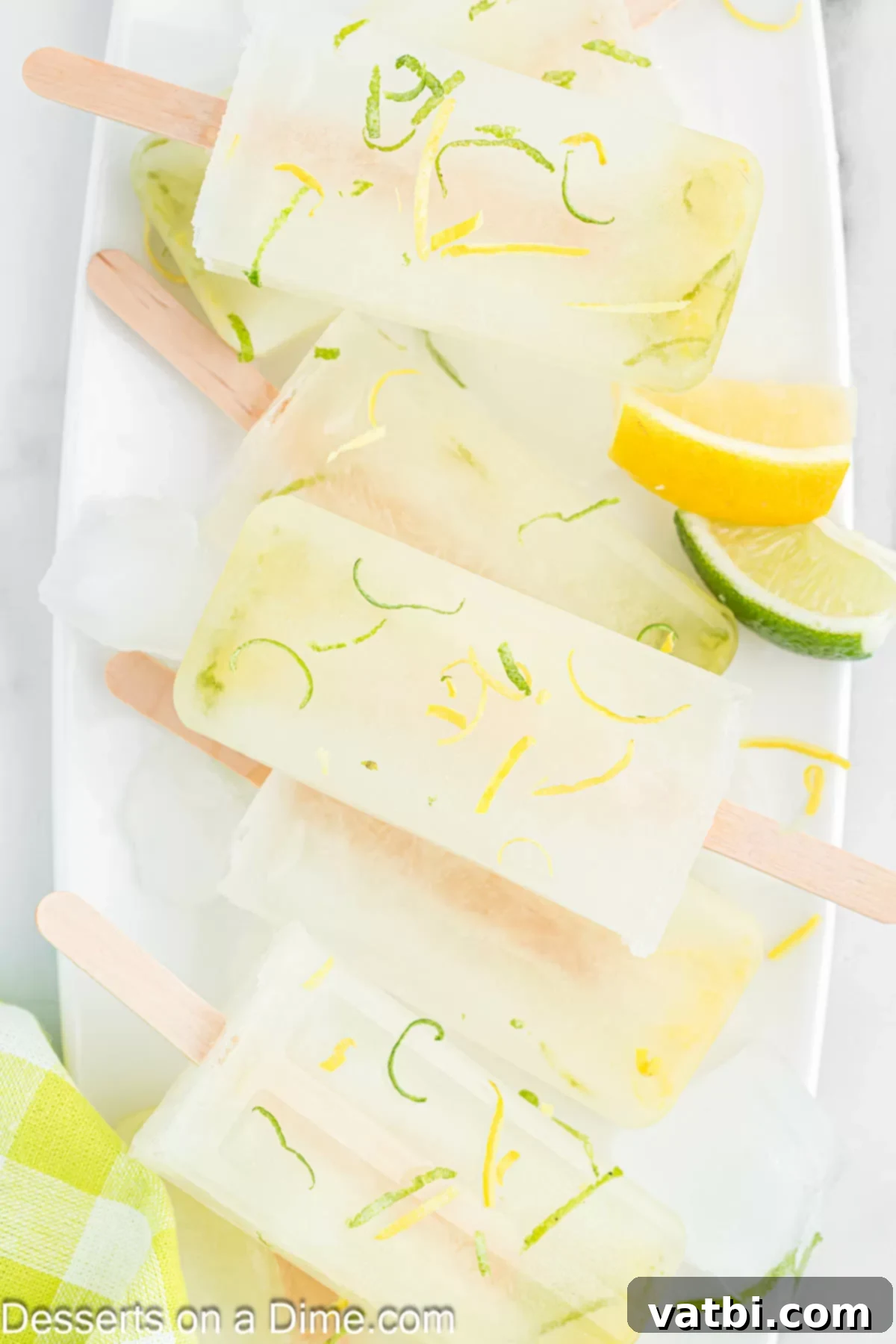 Sunshine Citrus Pops 9 Two vibrant lemon lime popsicles in a clear drinking glass, ready for a refreshing bite on a hot day.