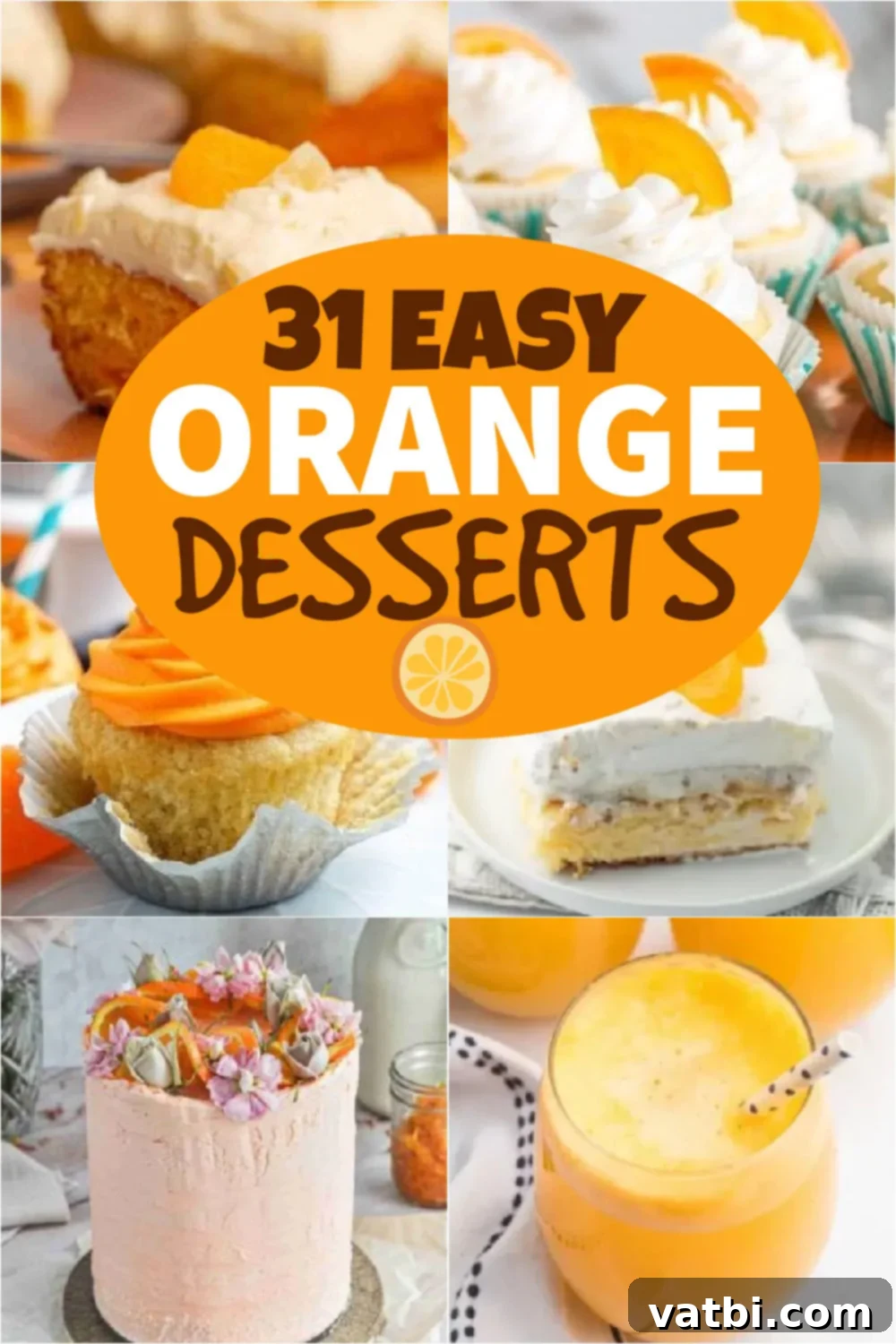 Zesty Delights 2 A collection of delicious orange desserts, showcasing various treats from cakes to popsicles, with fresh oranges arranged around them. The desserts are vibrant and inviting.