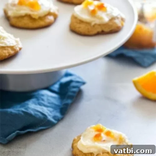 Zesty Delights 14 Soft and fluffy Orange Cookies with cream cheese frosting on a plate.
