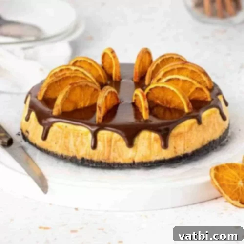 Zesty Delights 24 A slice of decadent Chocolate Orange Cheesecake with chocolate drizzle and orange slices.
