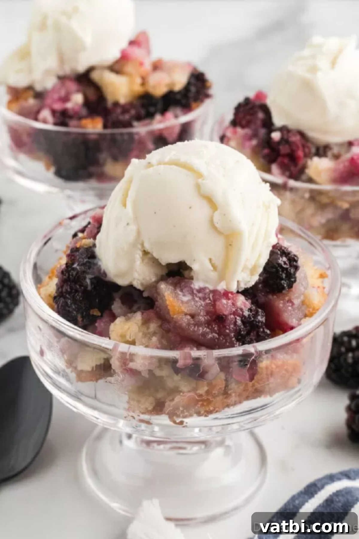 Sweet & Simple Blackberry Cobbler 2 Blackberry cobbler in a bowl, topped with melting vanilla ice cream.