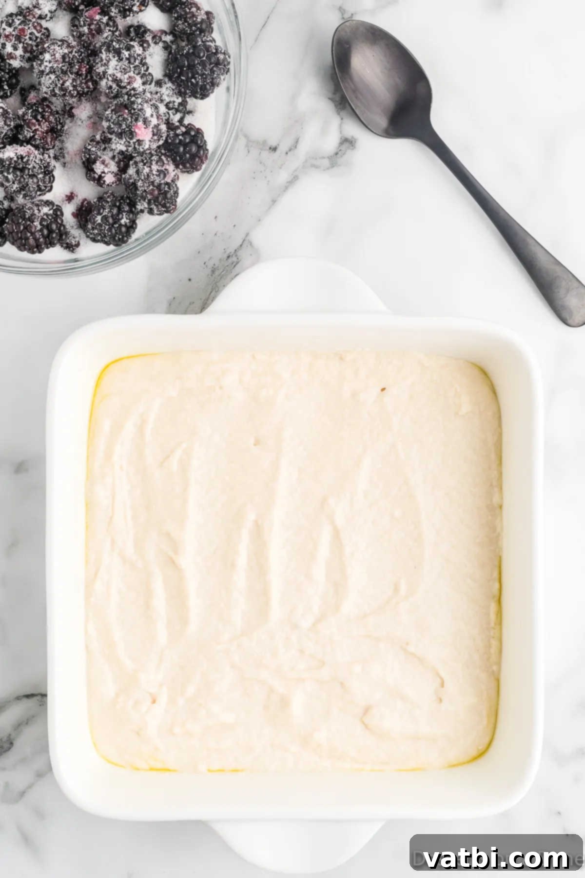 Sweet & Simple Blackberry Cobbler 7 Cobbler batter evenly spread into a square baking dish.