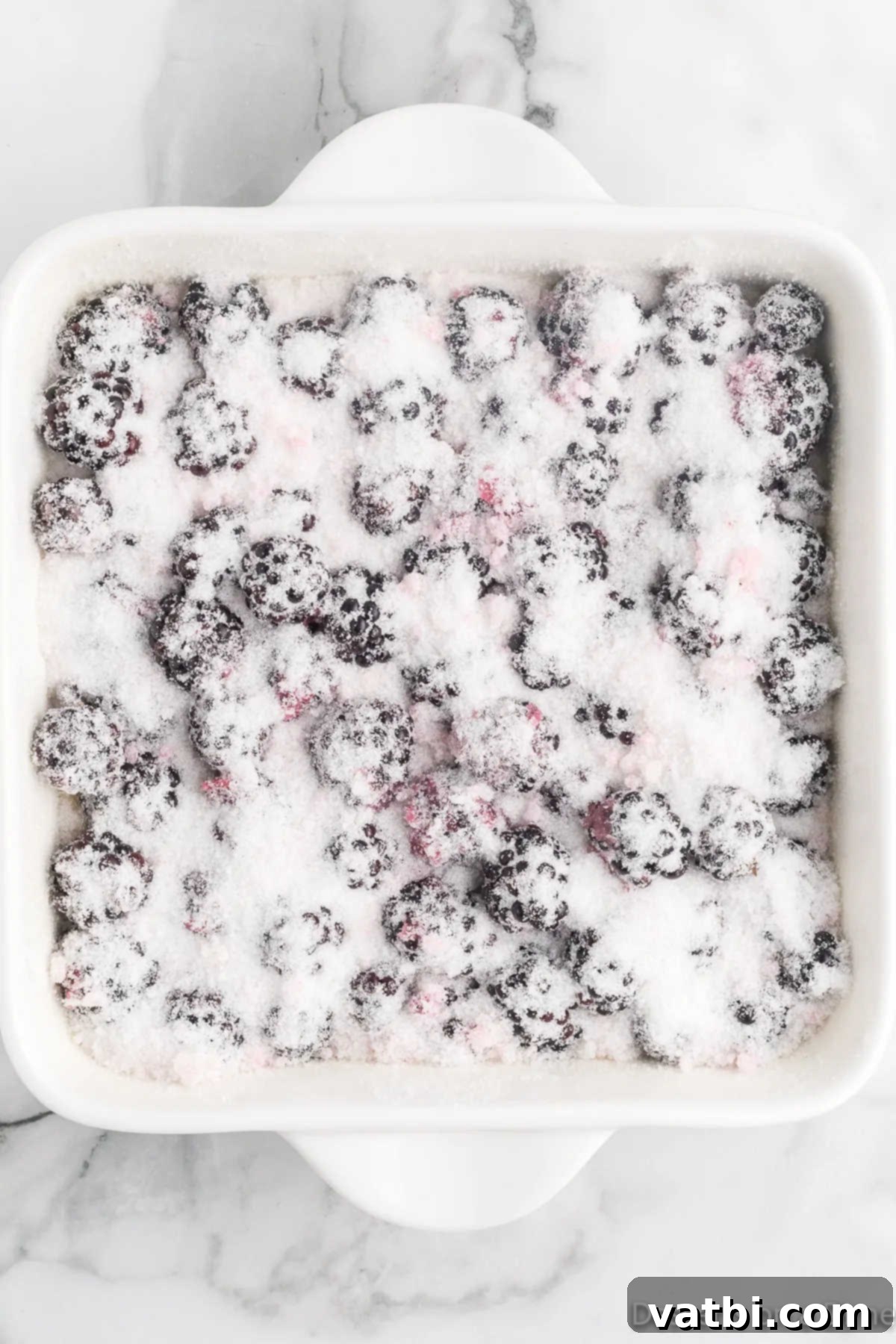 Sweet & Simple Blackberry Cobbler 8 Blackberry mixture carefully spooned over the cobbler batter in the baking dish.