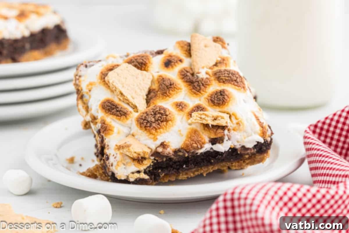 Gooey S'mores Brownie Bliss 2 Delicious S'mores brownies cut into neat squares, arranged enticingly on a pristine white plate, showcasing their distinct layers of chocolate, marshmallow, and graham cracker.