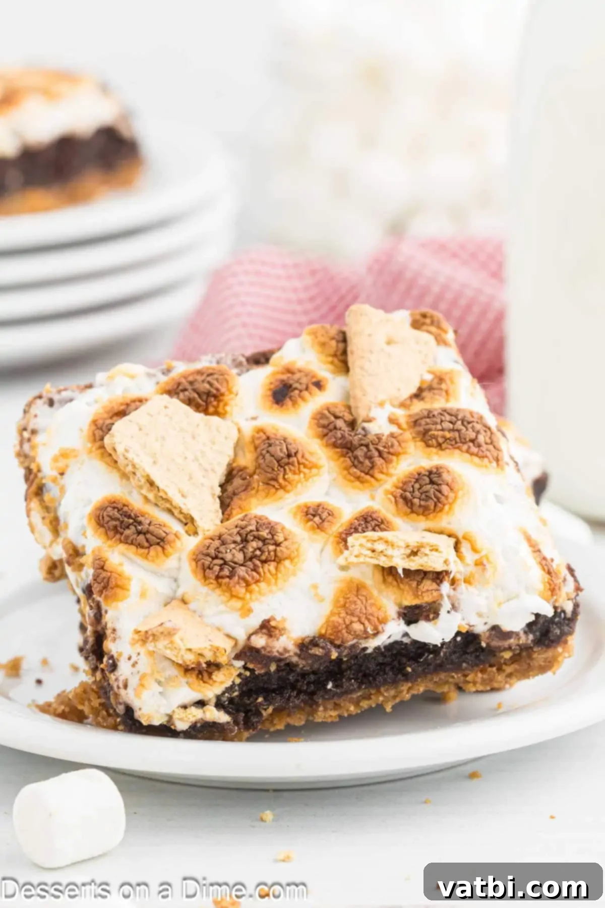 Gooey S'mores Brownie Bliss 11 A single slice of S'mores brownie presented on a white plate, highlighting its distinct layers and tempting texture.