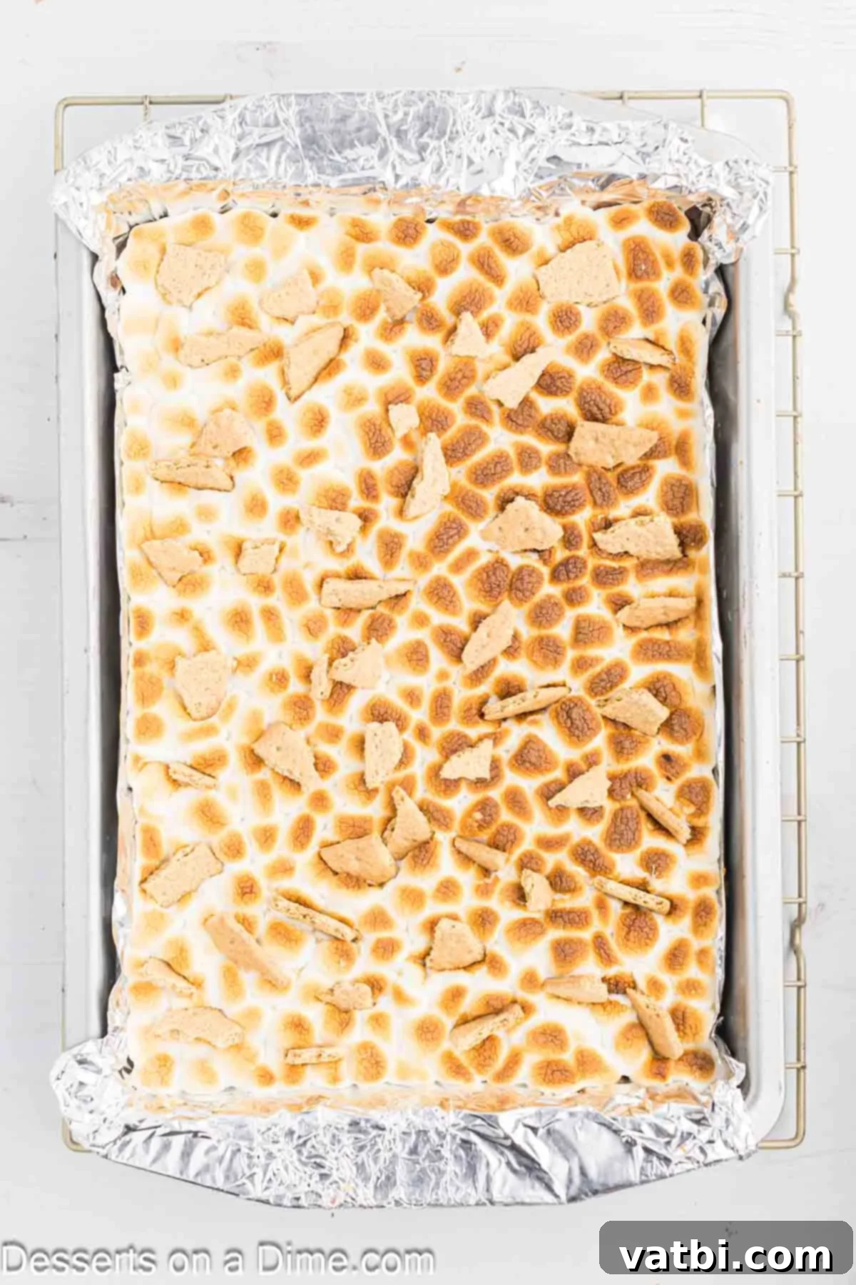 Gooey S'mores Brownie Bliss 9 Pieces of graham cracker scattered on top of the toasted marshmallow layer of the S'mores brownies.