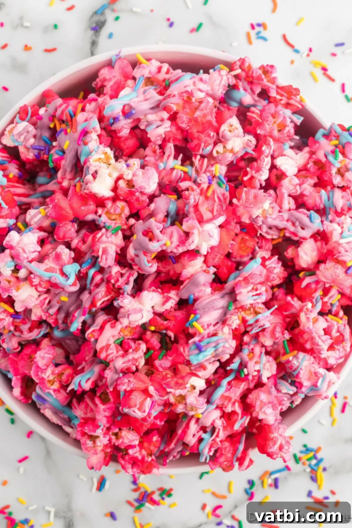 Rainbow Unicorn Popcorn 2 Bowl of Unicorn Popcorn, a colorful and sweet and salty treat perfect for parties.