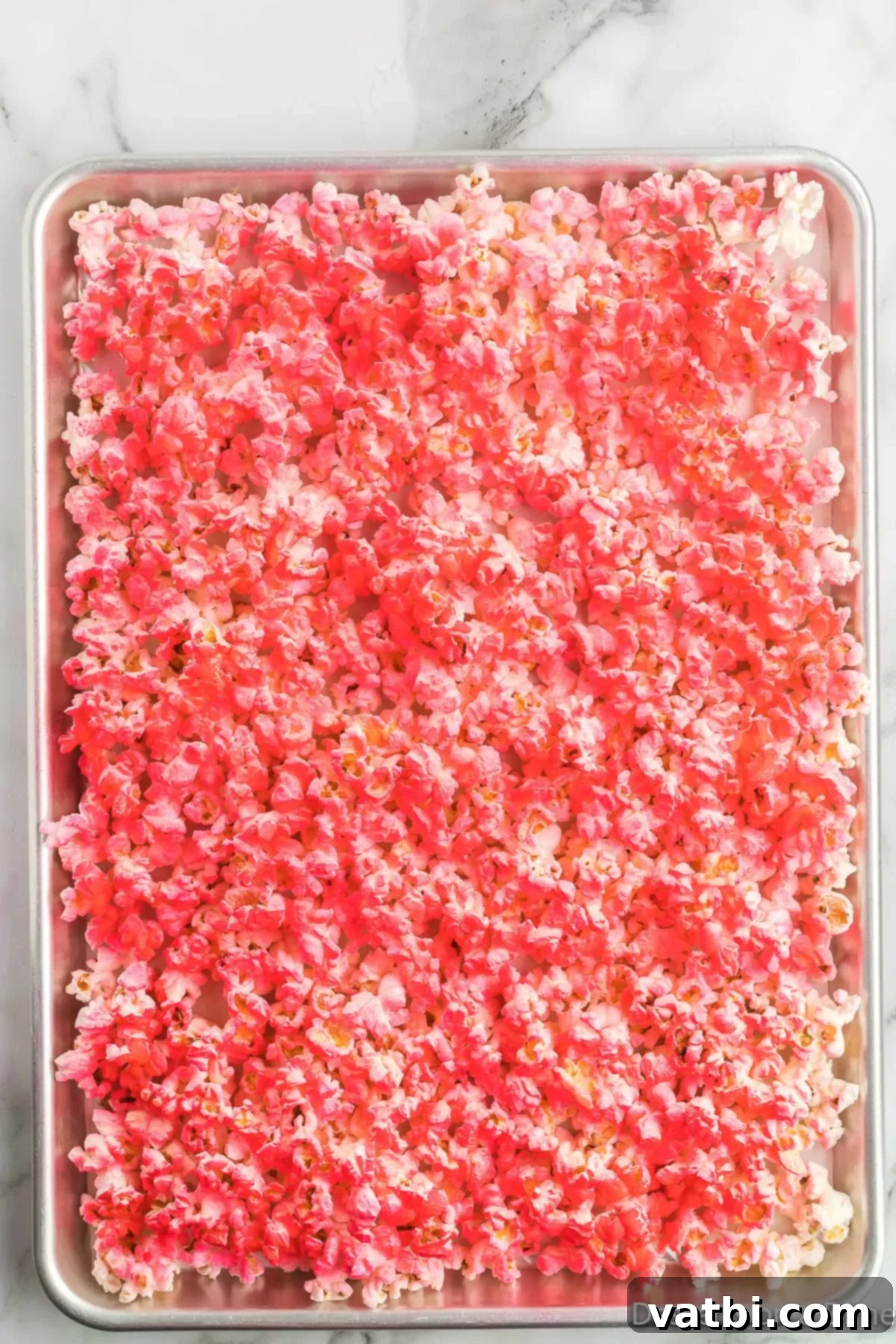 Rainbow Unicorn Popcorn 5 Popcorn on baking sheet with pink candy spray applied, creating a vibrant base color.