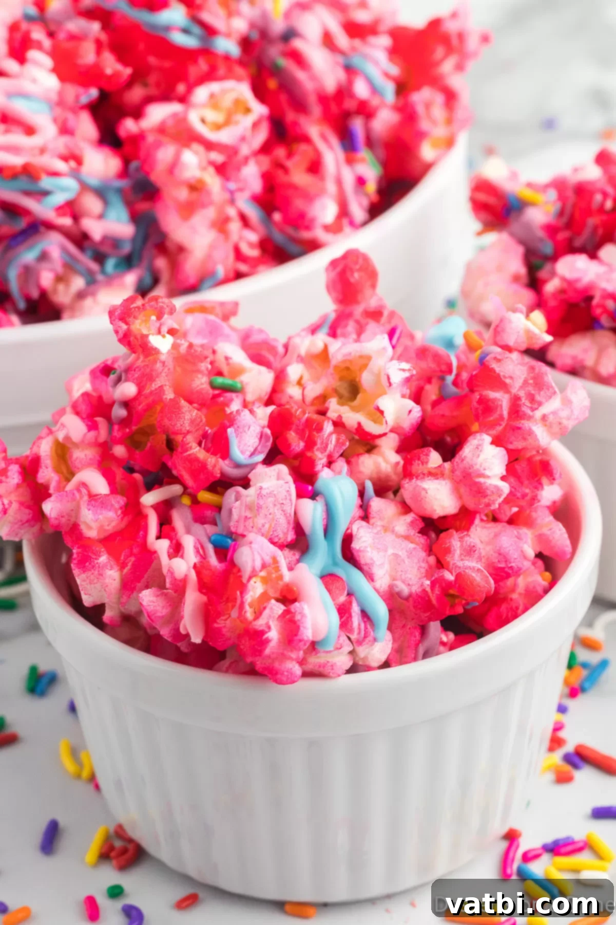 Rainbow Unicorn Popcorn 8 A large bowl filled with vibrant Unicorn Popcorn, showcasing the colorful candy melts and sprinkles.