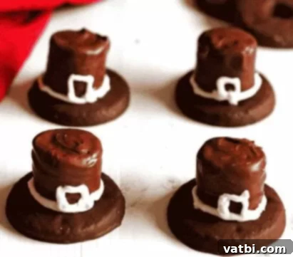 35 Thanksgiving Treats Kids Will Gobble Up 7 Thanksgiving Pilgrim Hat Cookies, made with chocolate and cookies.