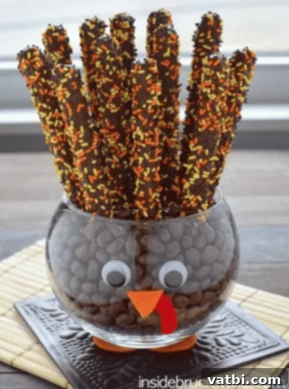 35 Thanksgiving Treats Kids Will Gobble Up 8 Chocolate Covered Pretzels decorated as turkeys, in a jar.