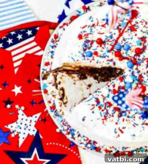 A slice of Patriotic Ice Cream Cake with red, white, and blue layers.