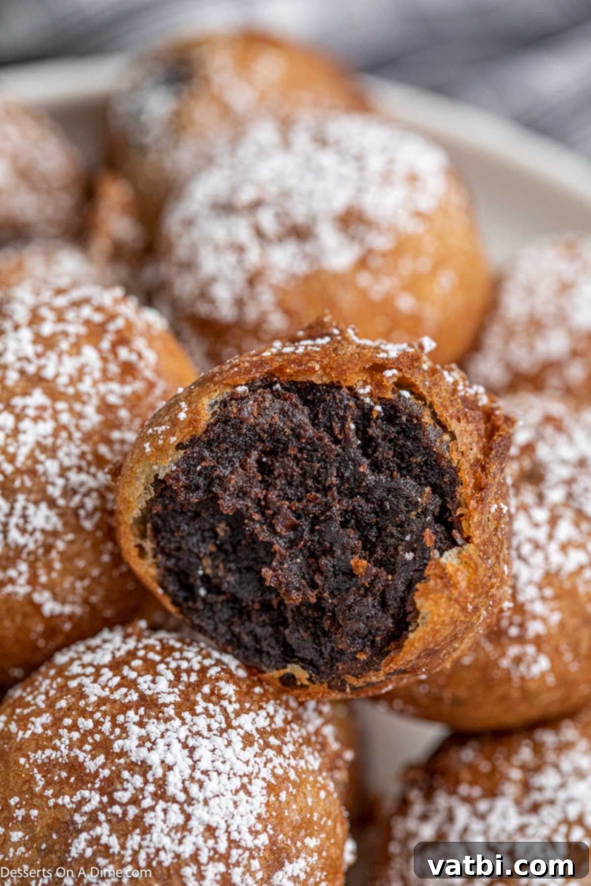 Decadent Deep-Fried Brownies 2 Deep fried brownie bites with a generous dusting of powdered sugar on a white plate, showcasing their golden-brown exterior.