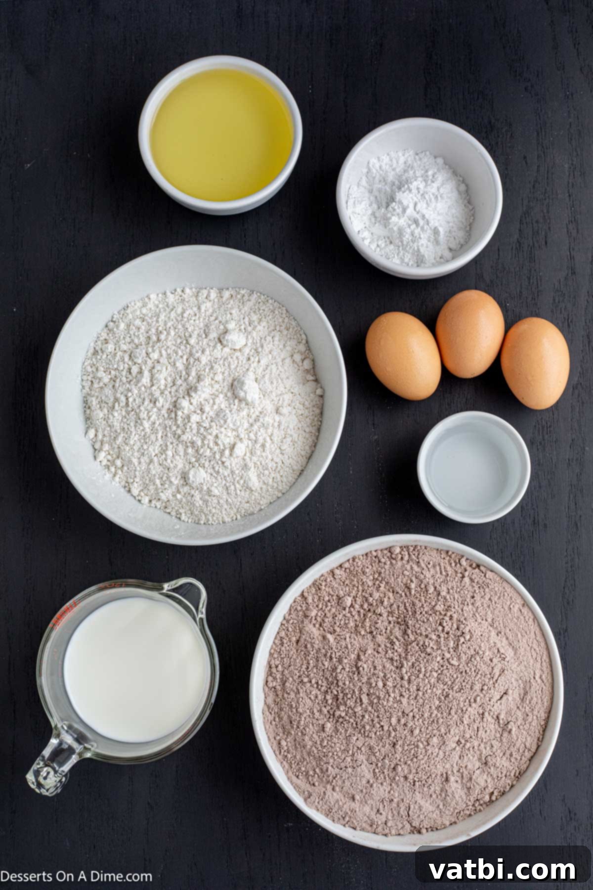 Decadent Deep-Fried Brownies 3 A selection of ingredients for deep-fried brownies: brownie mix, vegetable oil, powdered sugar, pancake mix, eggs, and milk.