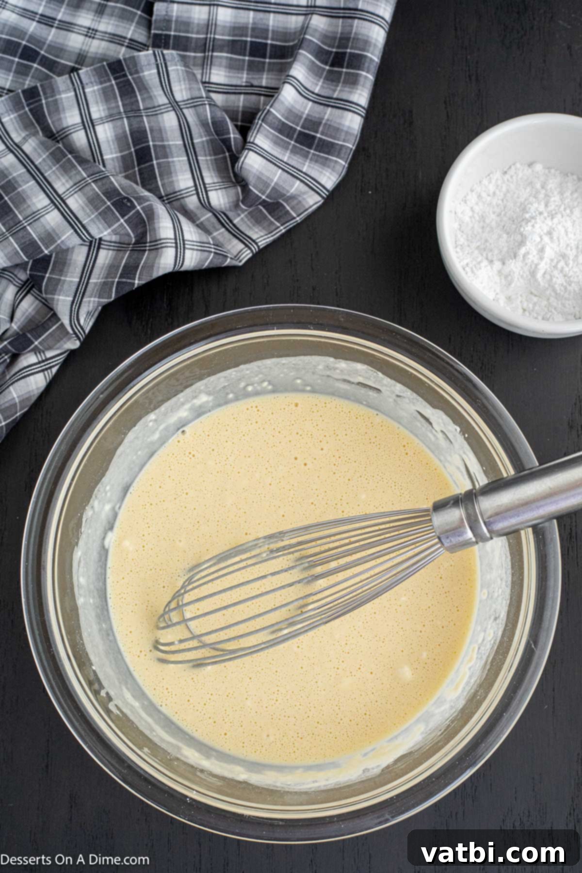 Decadent Deep-Fried Brownies 7 Pancake batter ingredients combined and whisked smooth in a mixing bowl.