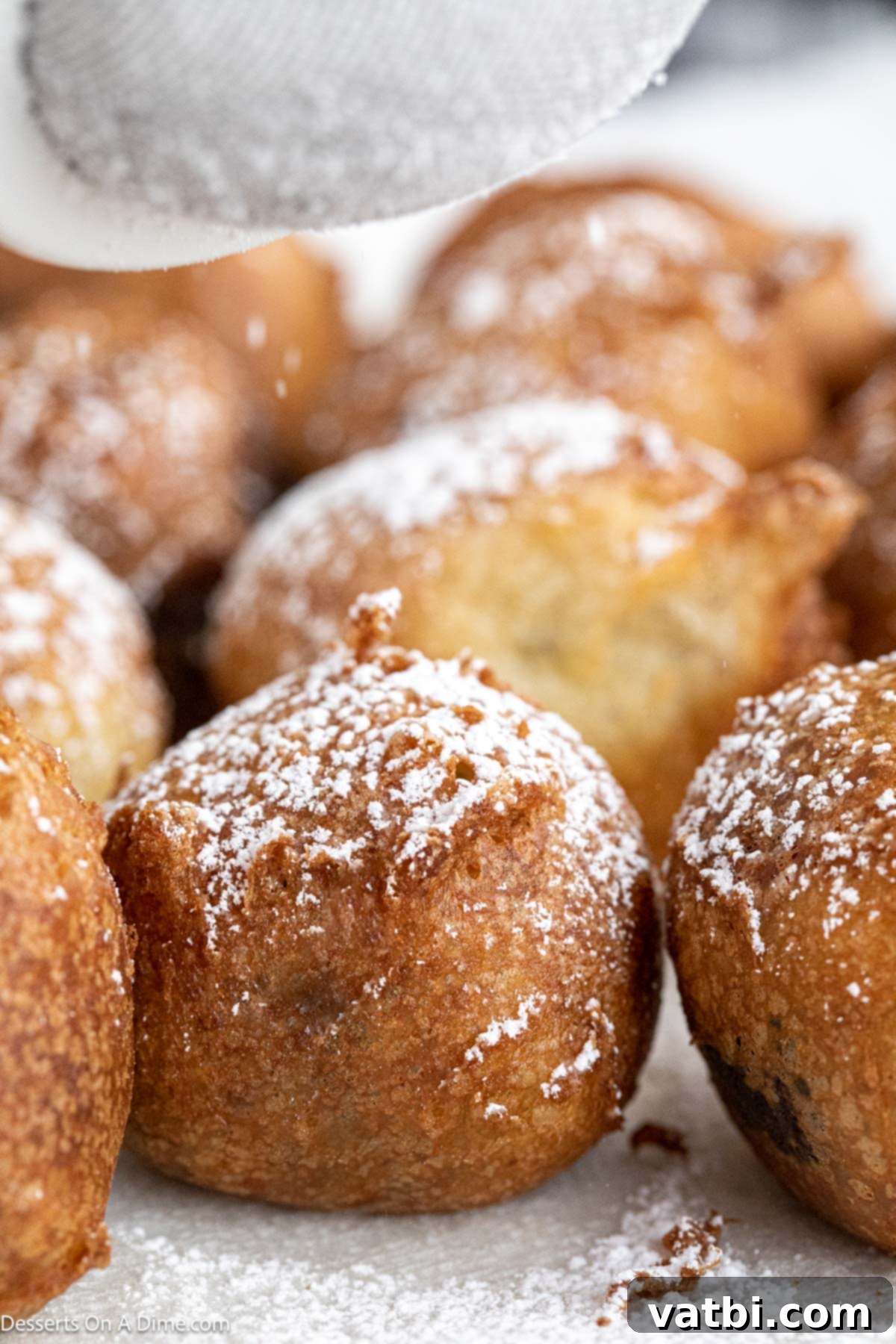 Decadent Deep-Fried Brownies 9 Golden-brown deep-fried brownie bites, freshly cooked and sprinkled with powdered sugar, ready to be served.
